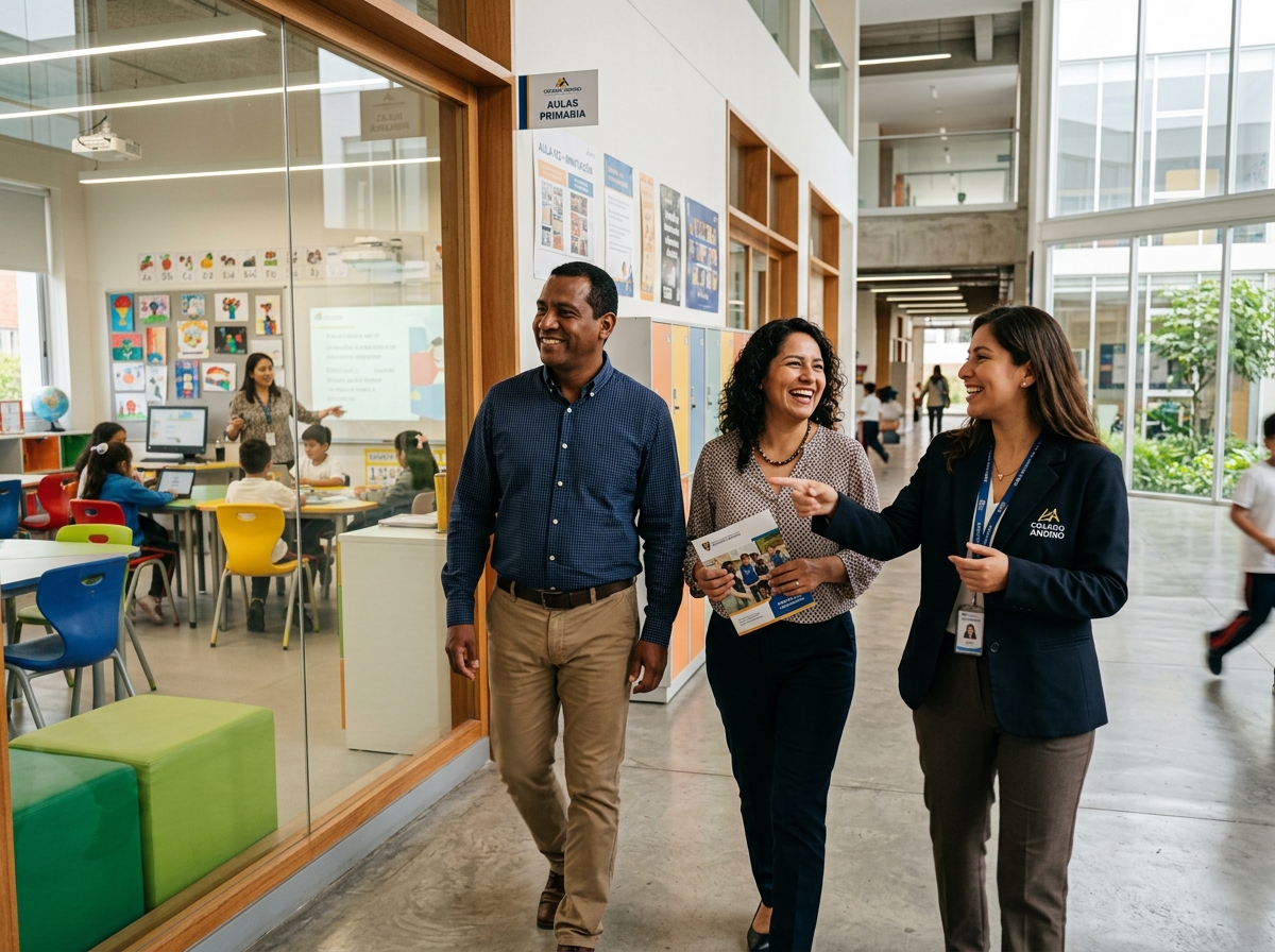 Padres de familia latinos en visita guiada por las instalaciones del Colegio Dalton