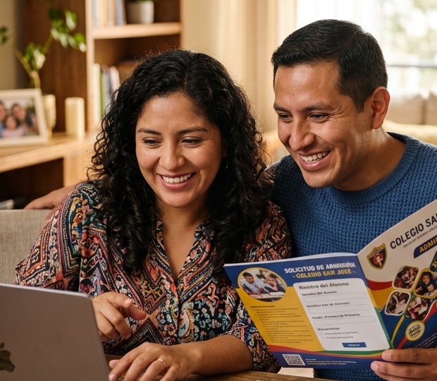 Familia latina celebrando resultados y confirmación de vacante